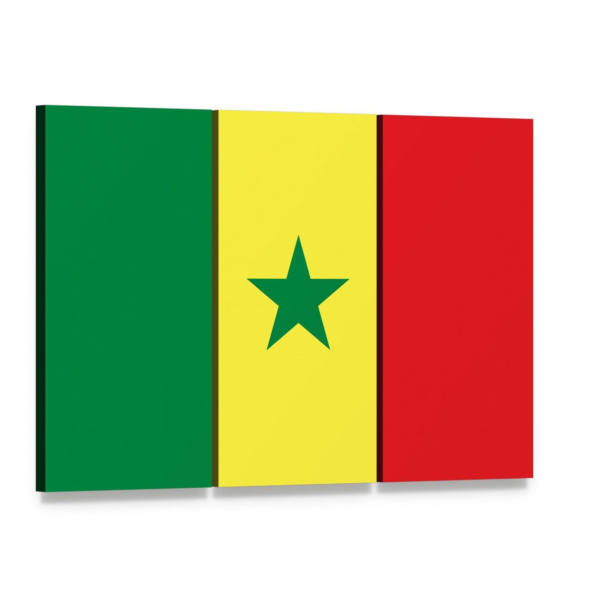 Senegal Flag with Centered Green Star Canvas Wall Art, 3 panel 3 Horizontal layout gallery wrapped canvas set, angled product view