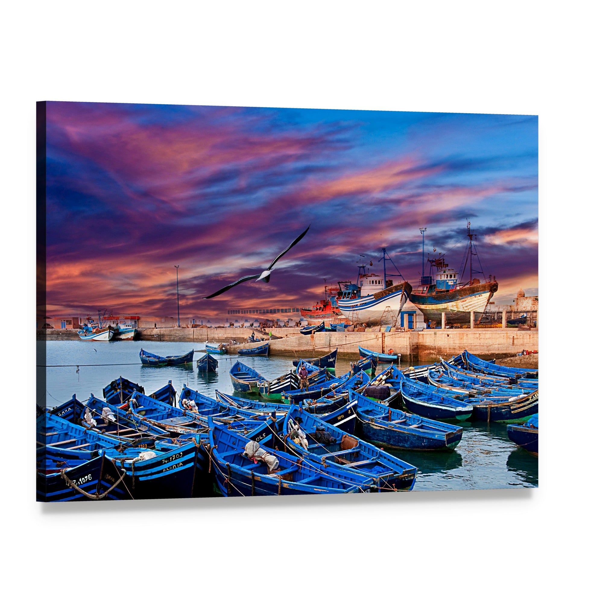 Blue Fishing Boats in Morocco Canvas Wall Art, single panel gallery wrapped canvas, angled product view