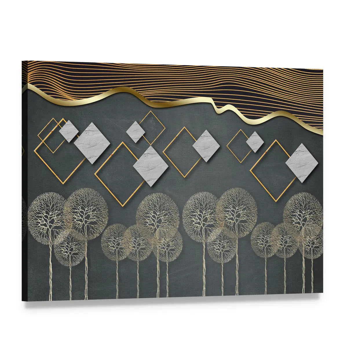 Geometric Trees with Gold Wave and Marble Diamonds Canvas Wall Art, single panel gallery wrapped canvas, angled product view