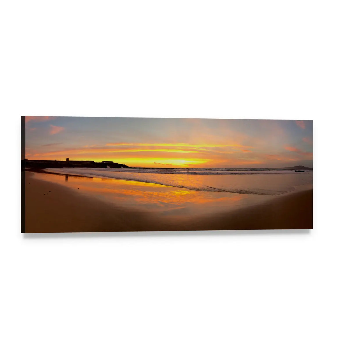 Sunset Over Sandy Beach Panoramic Canvas Wall Art, single panel gallery wrapped canvas, angled product view