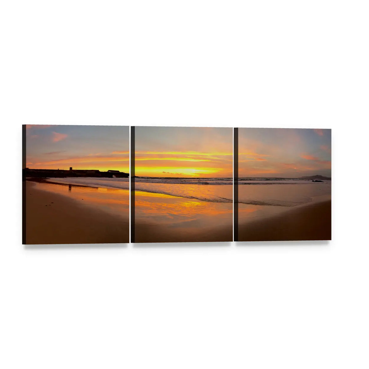 Sunset Over Sandy Beach Panoramic Canvas Wall Art, 3 panel 3 Piece layout gallery wrapped canvas set, angled product view