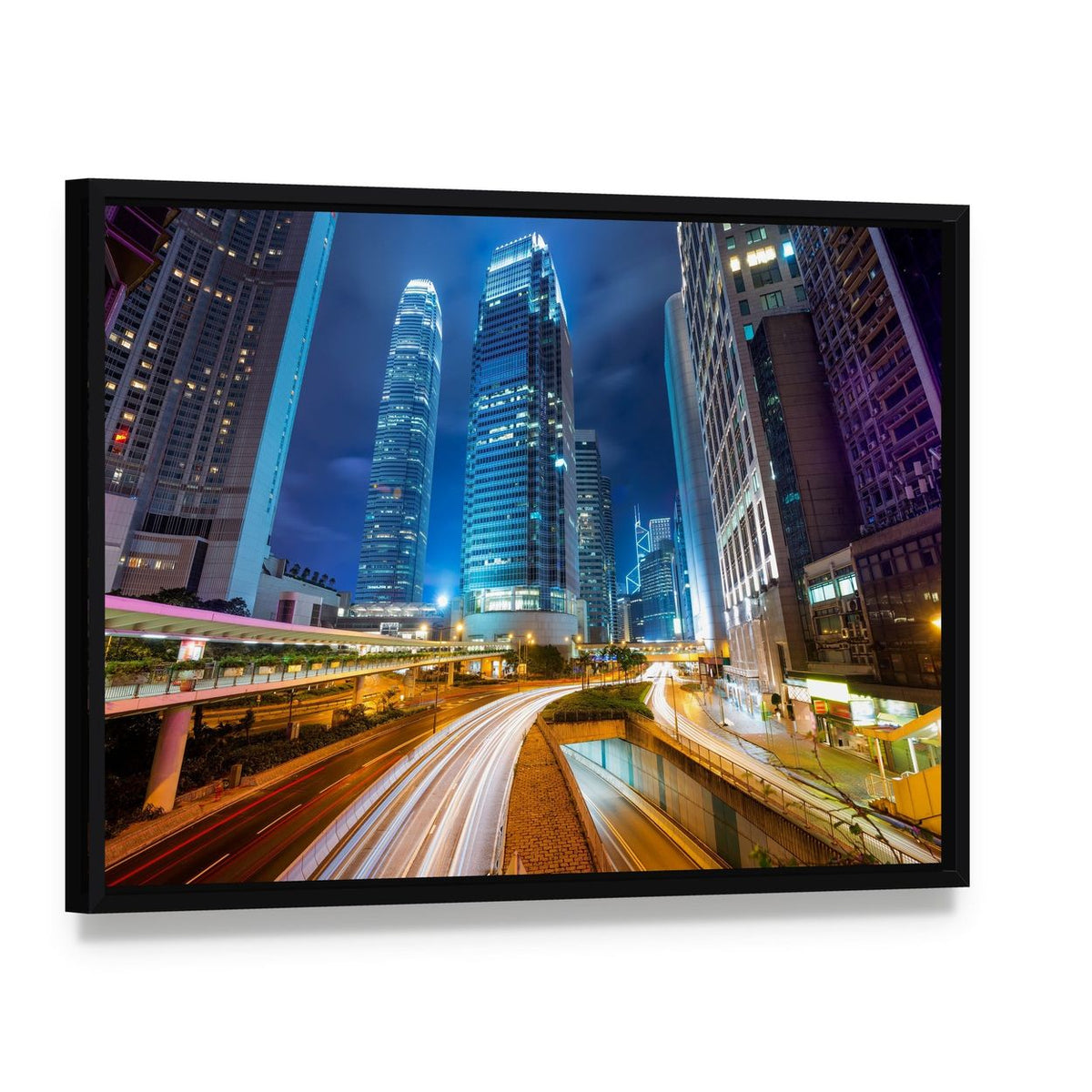 Dubai Road at Night Canvas Wall Art, framed canvas in a black floater frame, angled product view