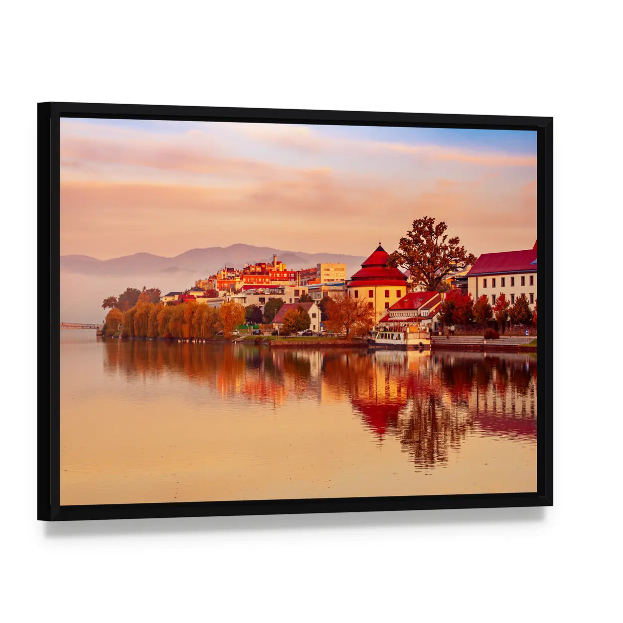 Sunrise at Maribor City Slovenia Canvas Wall Art, framed canvas in a black floater frame, angled product view
