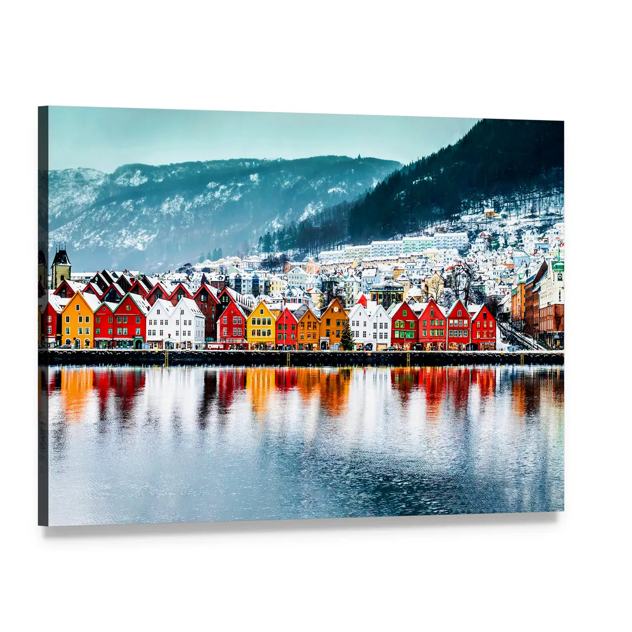 Historical Buildings In Bergen Norway Canvas Wall Art, single panel gallery wrapped canvas, angled product view
