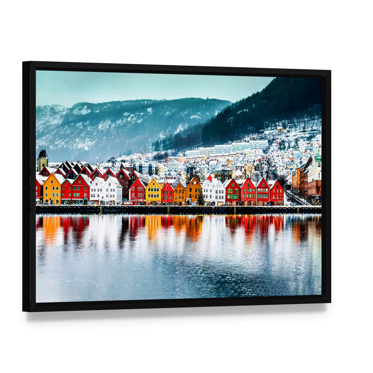 Historical Buildings In Bergen Norway Canvas Wall Art, framed canvas in a black floater frame, angled product view