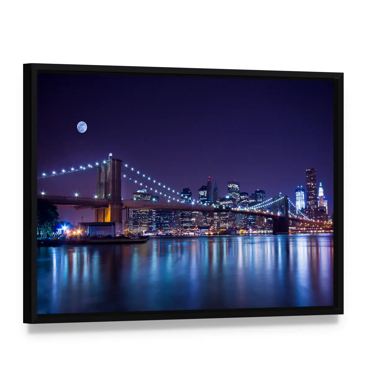 Brooklyn Bridge at Night Canvas Wall Art, framed canvas in a black floater frame, angled product view