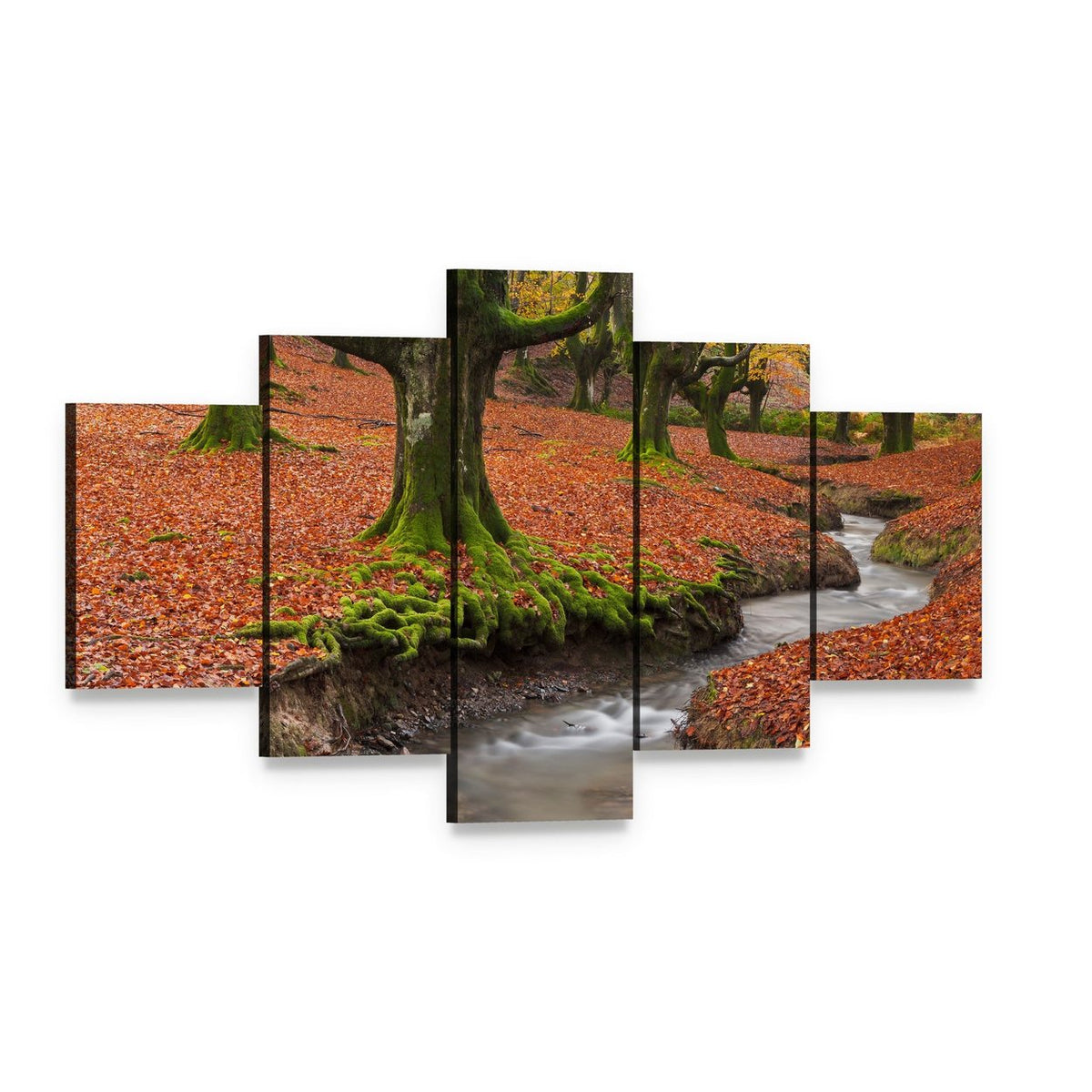 Autumn Forest Stream with Mossy Trees Canvas Wall Art, 5 panel 5 Star layout gallery wrapped canvas set, angled product view