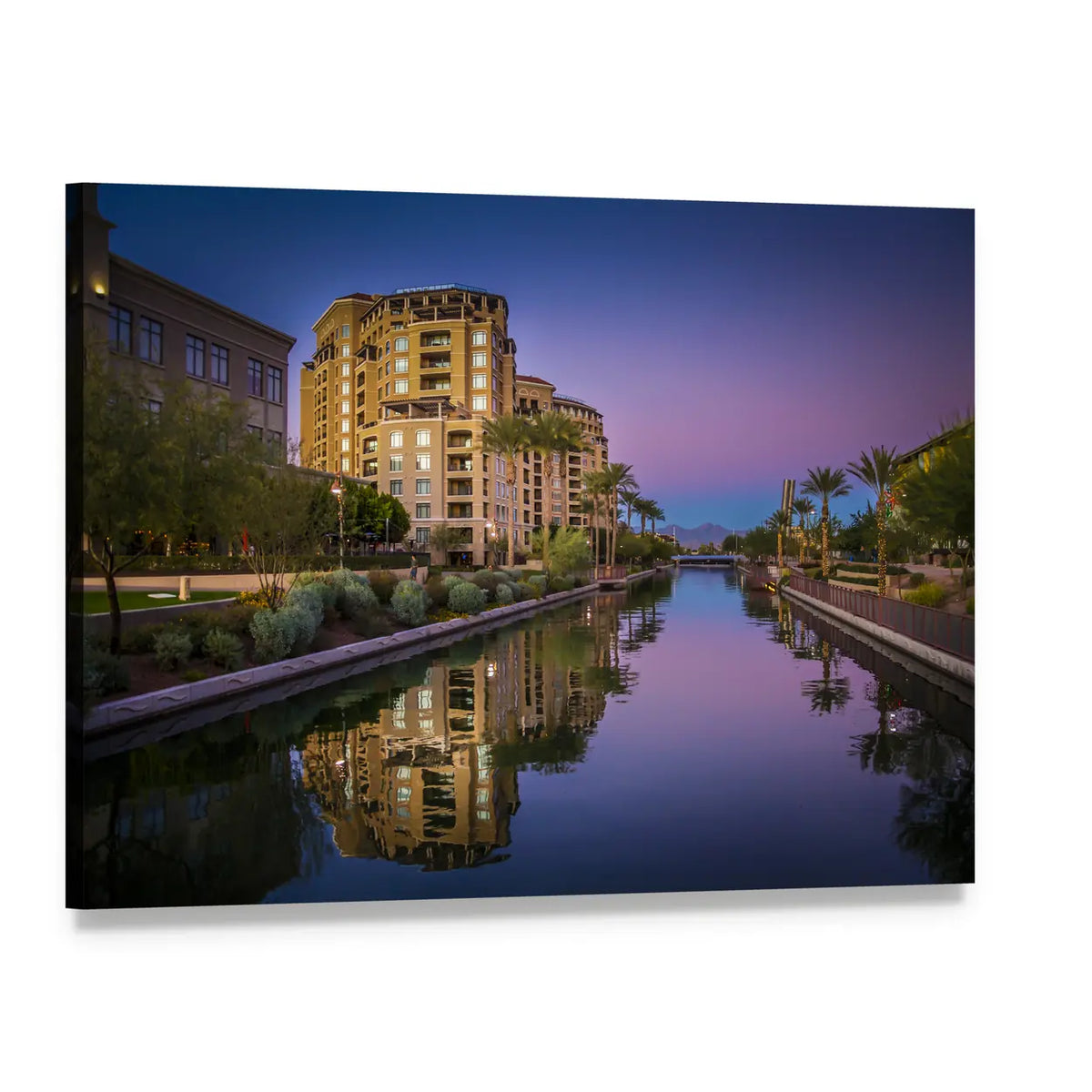 Dusk Canal Reflection with Palm Trees Canvas Wall Art, single panel gallery wrapped canvas, angled product view