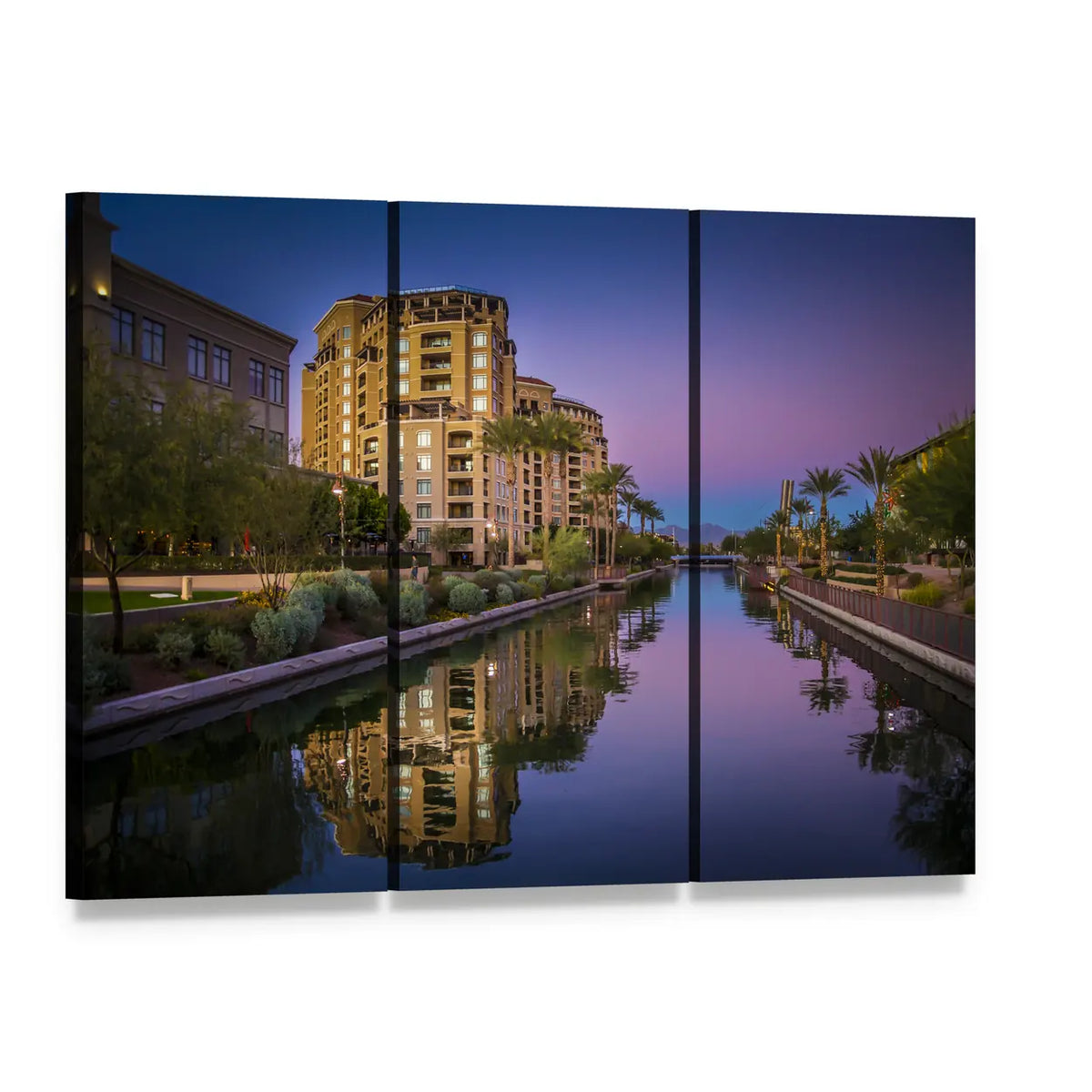 Dusk Canal Reflection with Palm Trees Canvas Wall Art, 3 panel 3 Horizontal layout gallery wrapped canvas set, angled product view