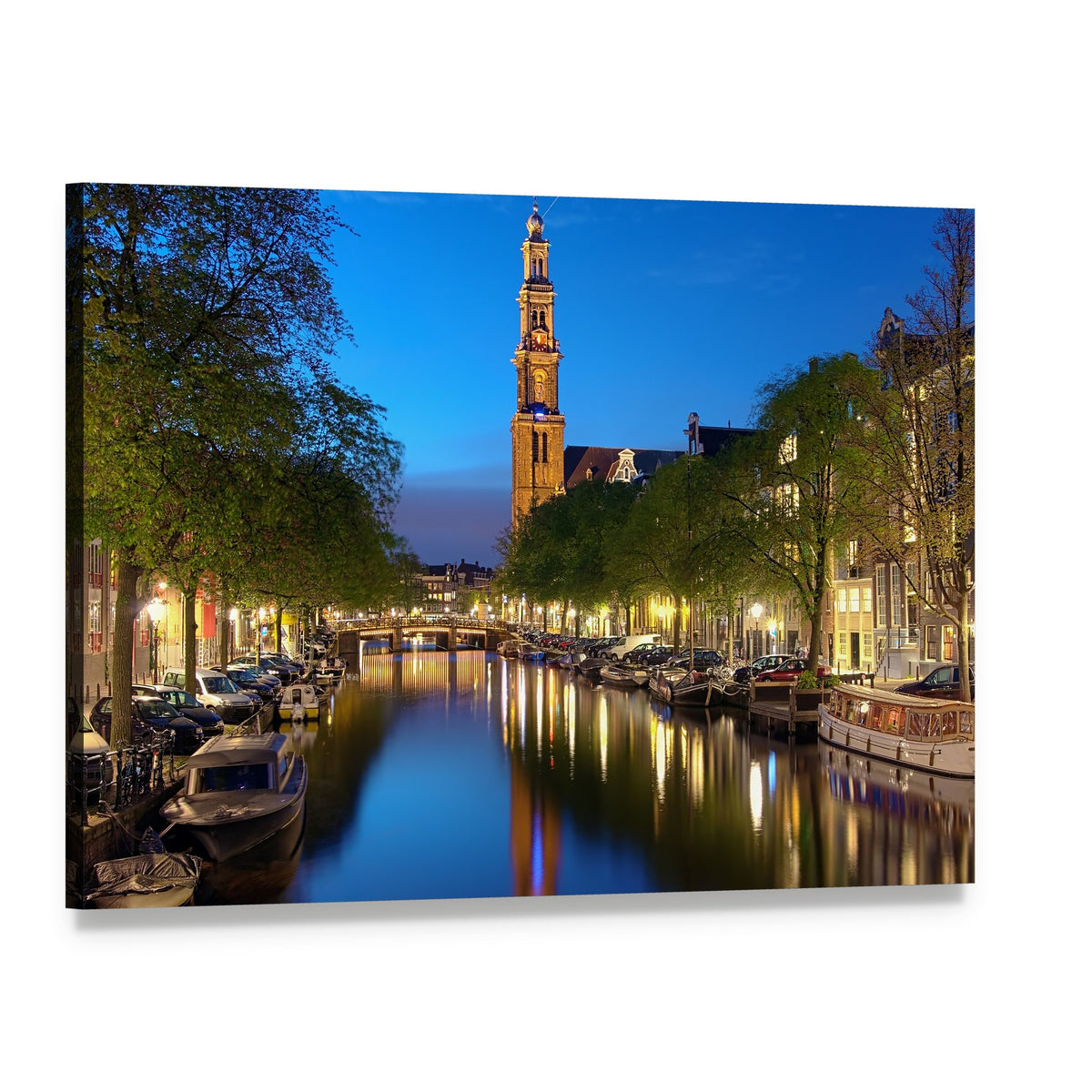 Westerkerk Tower Reflected in Amsterdam Canal Canvas Wall Art, single panel gallery wrapped canvas, angled product view