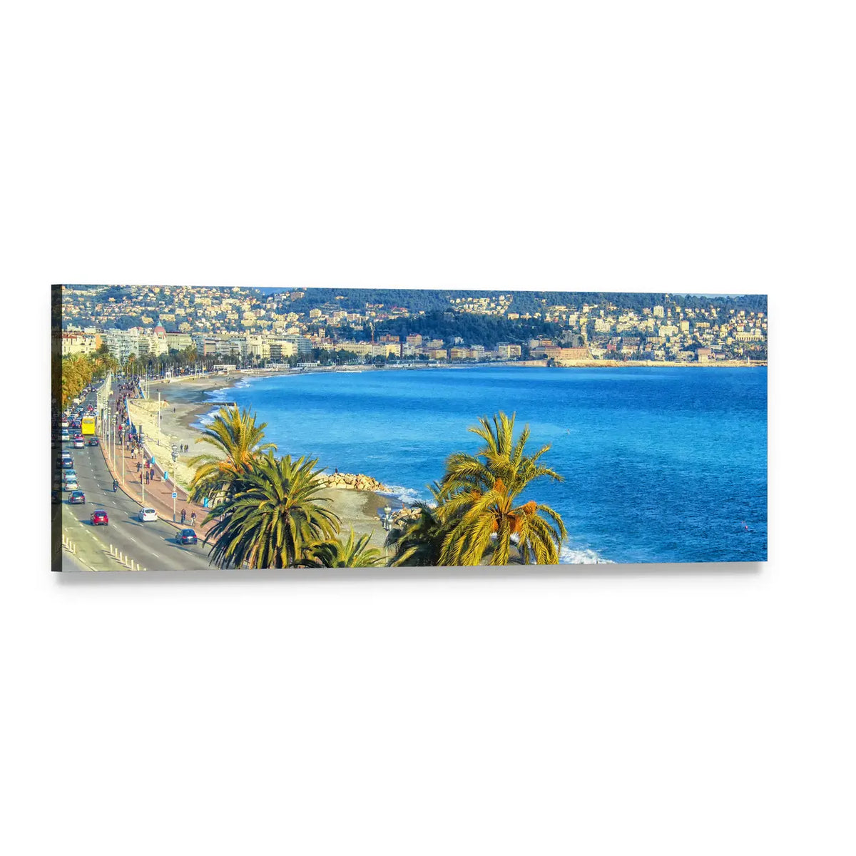 Mediterranean Coastal Cityscape with Palms Panoramic Canvas Wall Art, single panel gallery wrapped canvas, angled product view