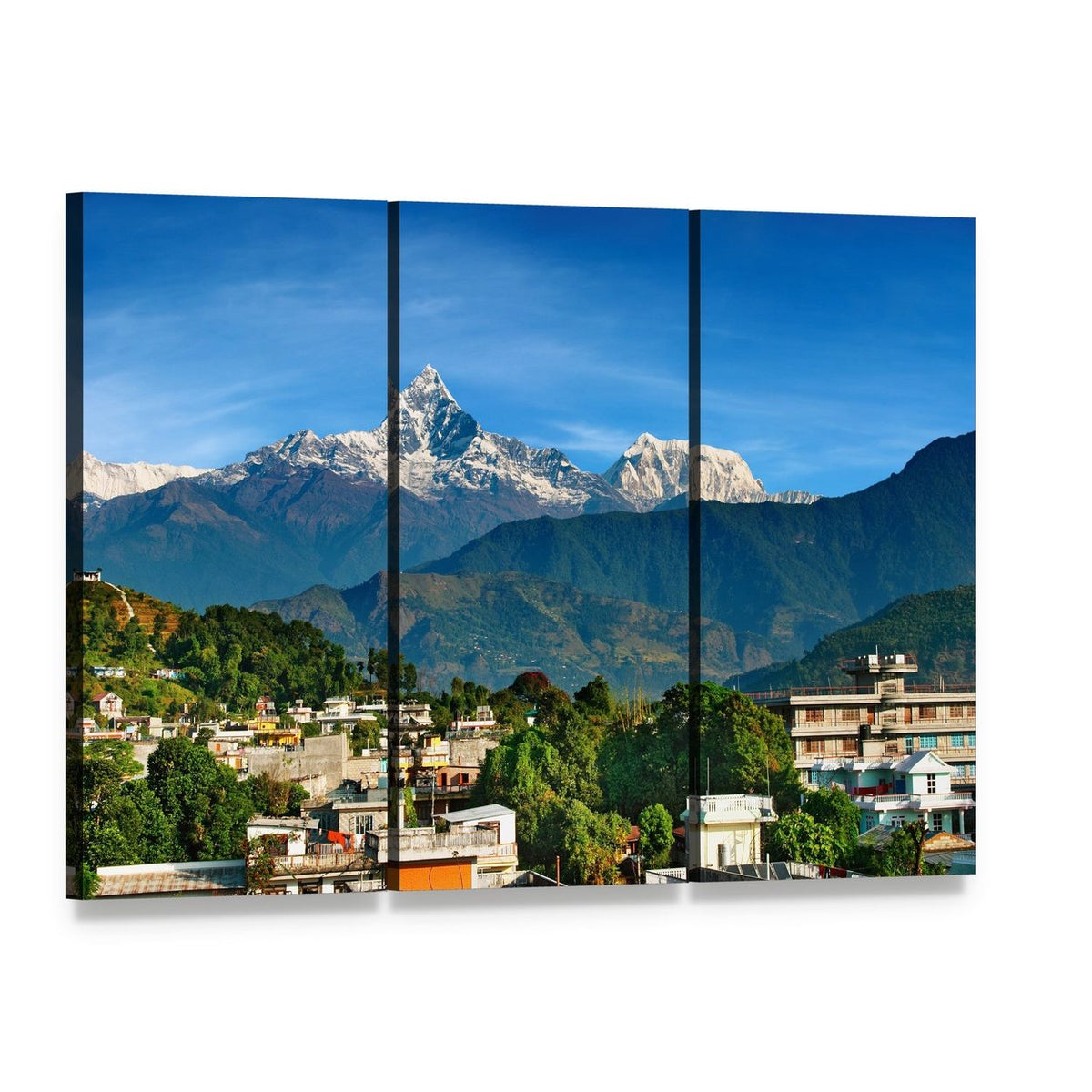 Pokhara Mountain Village Canvas Wall Art, 3 panel 3 Horizontal layout gallery wrapped canvas set, angled product view