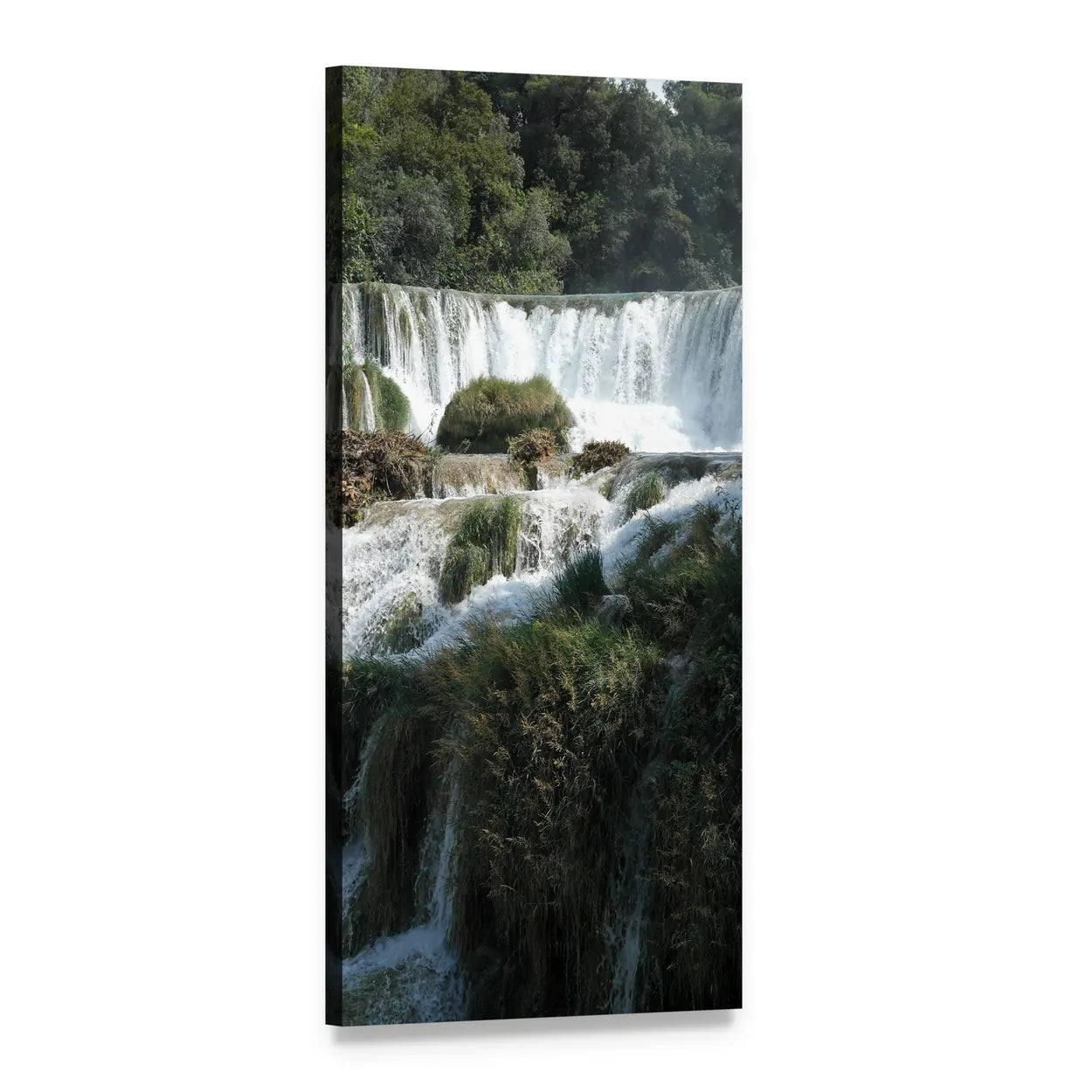 Wide Waterfall in Lush Forest Vertical Canvas Wall Art, 1 panel 1 Vertical layout gallery wrapped canvas set, angled product view