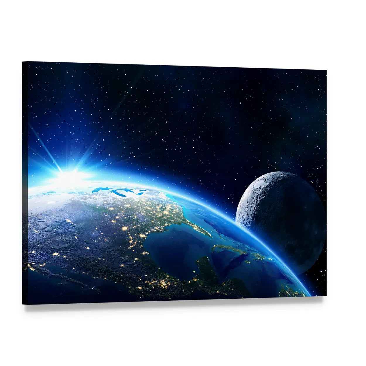 Blue Planet Earth and Moon Canvas Wall Art, single panel gallery wrapped canvas, angled product view