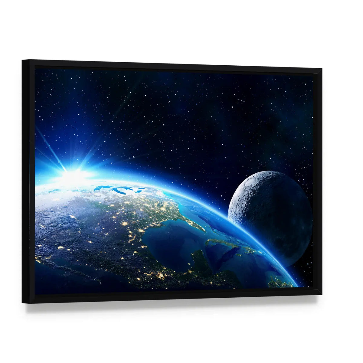 Blue Planet Earth and Moon Canvas Wall Art, framed canvas in a black floater frame, angled product view
