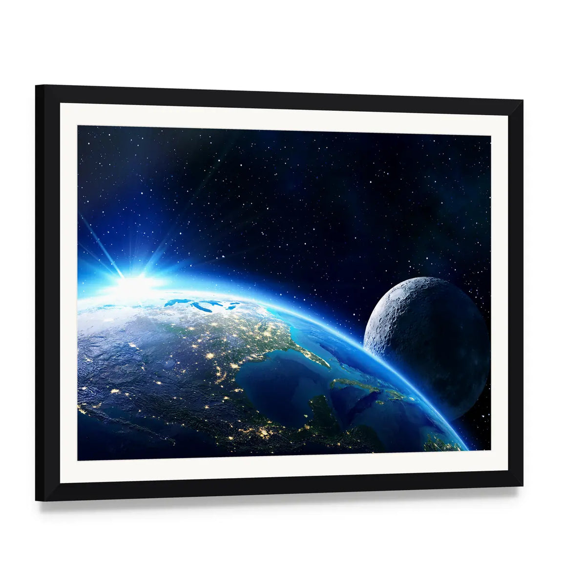 Blue Planet Earth and Moon Canvas Wall Art, framed print with white mat and black frame, angled product view