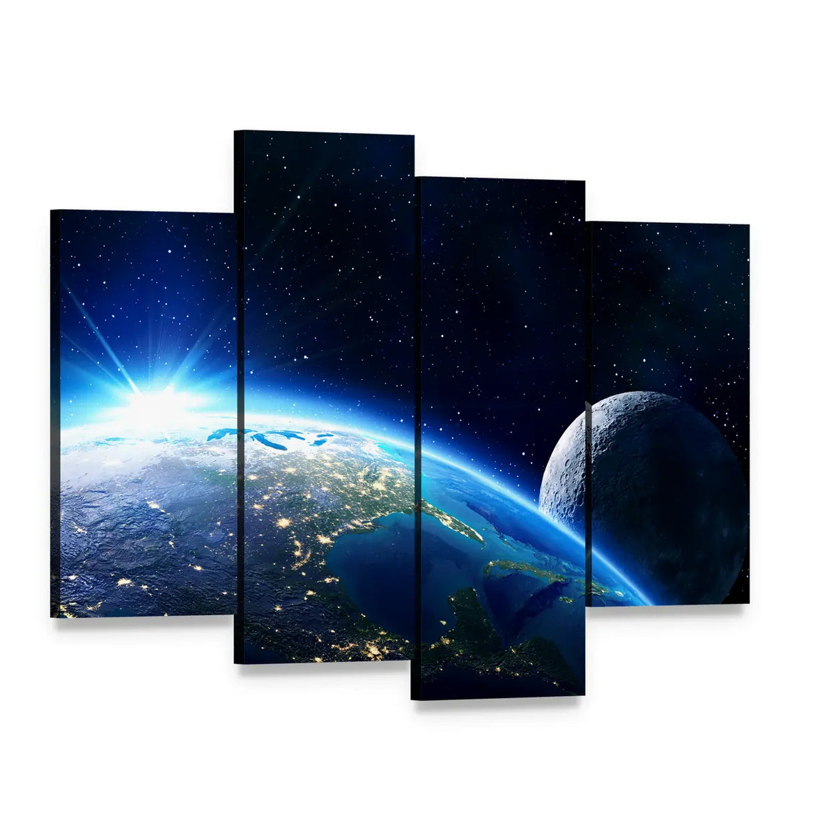 Blue Planet Earth and Moon Canvas Wall Art, 4 panel 4 Pop layout gallery wrapped canvas set, angled product view