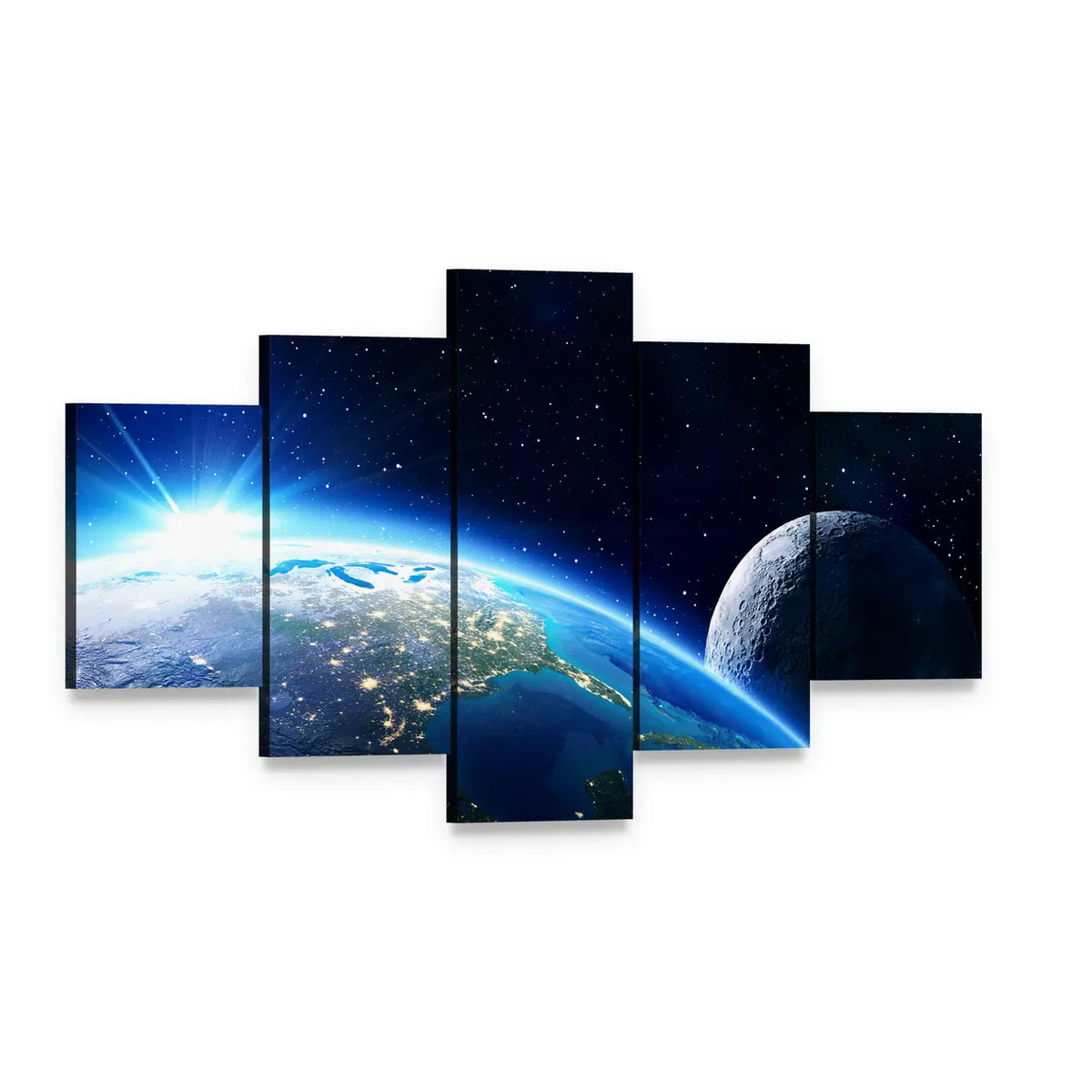 Blue Planet Earth and Moon Canvas Wall Art, 5 panel 5 Star layout gallery wrapped canvas set, angled product view