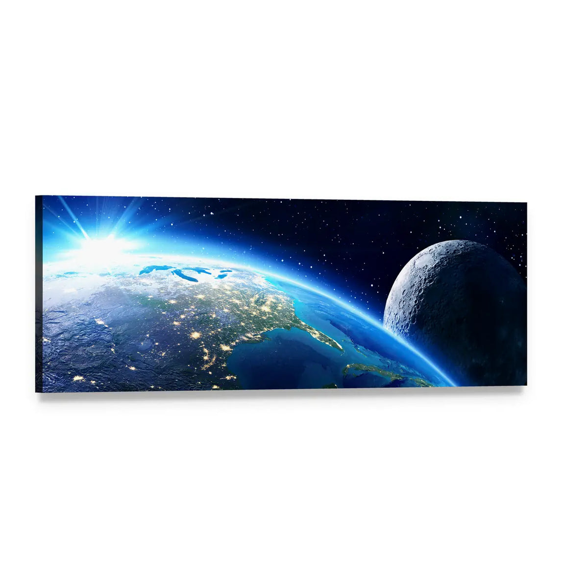 Blue Earth and Moon Over City Lights Panoramic Canvas Wall Art, single panel gallery wrapped canvas, angled product view