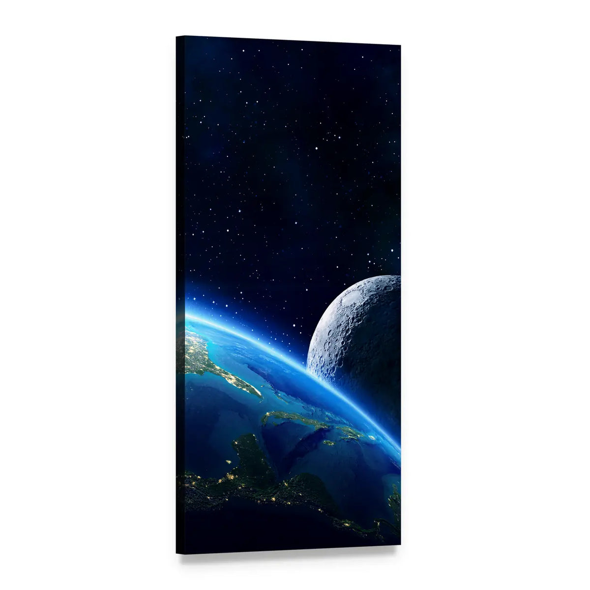 Blue Earth and Moon from Orbit Vertical Canvas Wall Art, 1 panel 1 Vertical layout gallery wrapped canvas set, angled product view