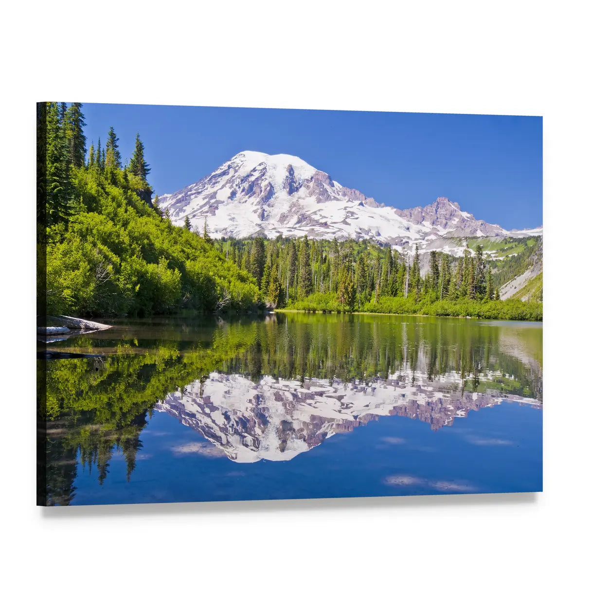 Mountain Reflection Over Bench Lake Canvas Wall Art, single panel gallery wrapped canvas, angled product view