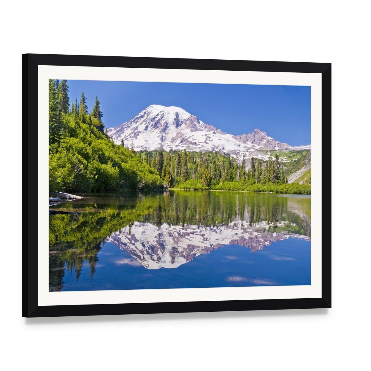 Bench Lake Reflection of Mt Rainier Canvas Wall Art, framed print with white mat and black frame, angled product view