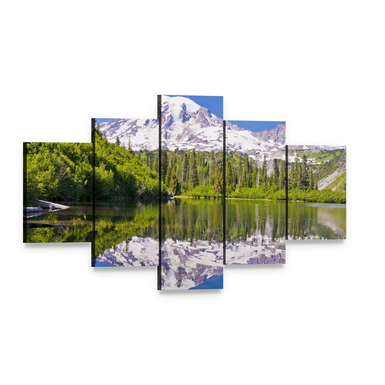 Bench Lake Reflection of Mt Rainier Canvas Wall Art, 5 panel 5 Star layout gallery wrapped canvas set, angled product view