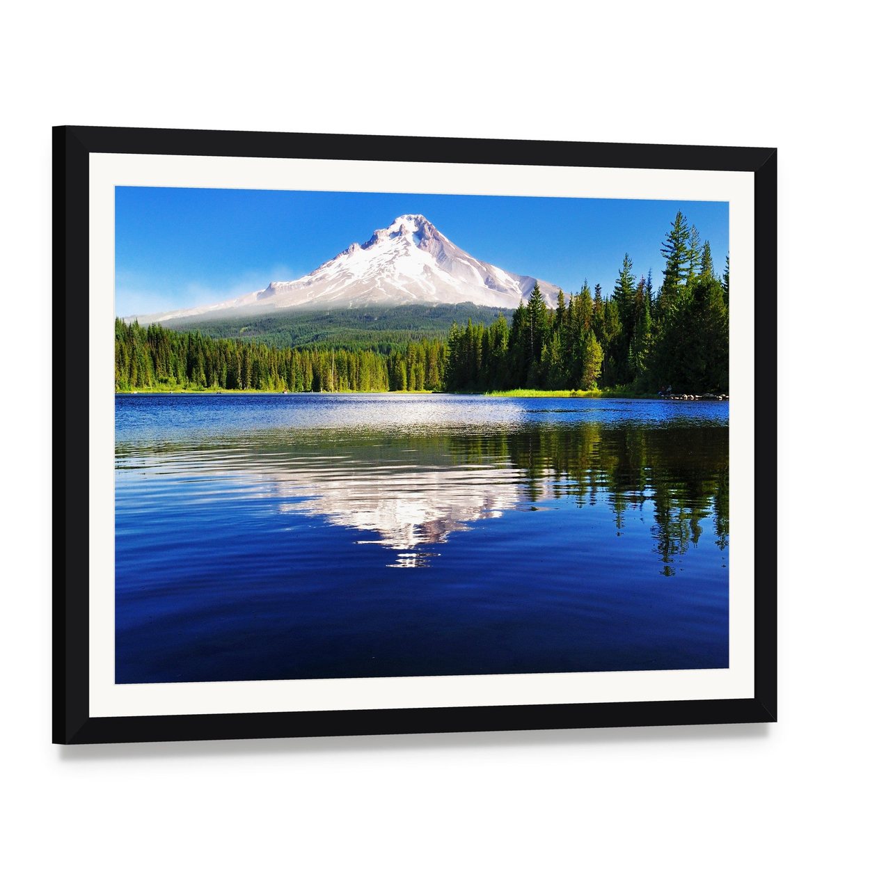 Mount Hood from Lake Canvas Wall Art, framed print with white mat and black frame, angled product view