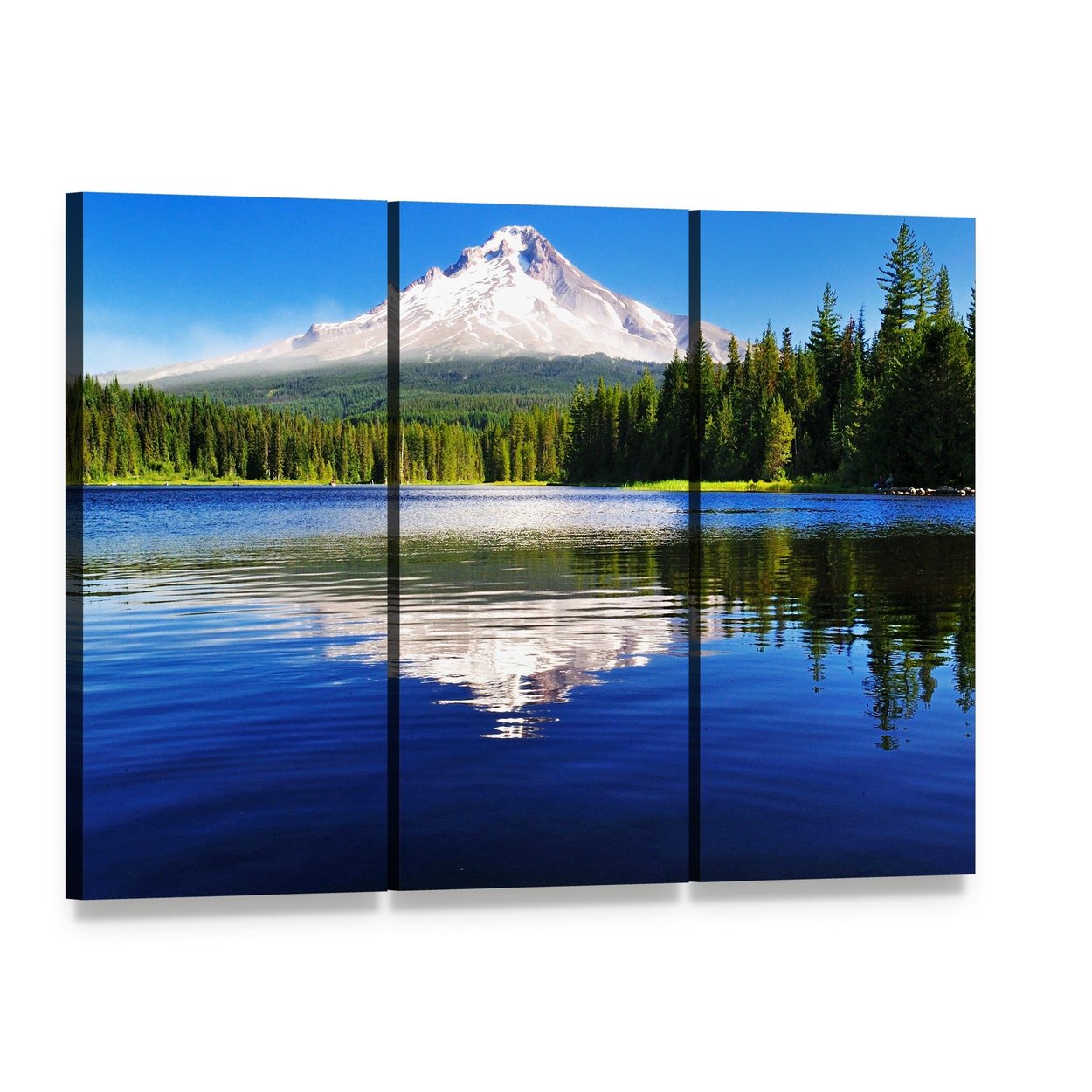 Mount Hood from Lake Canvas Wall Art, 3 panel 3 Horizontal layout gallery wrapped canvas set, angled product view