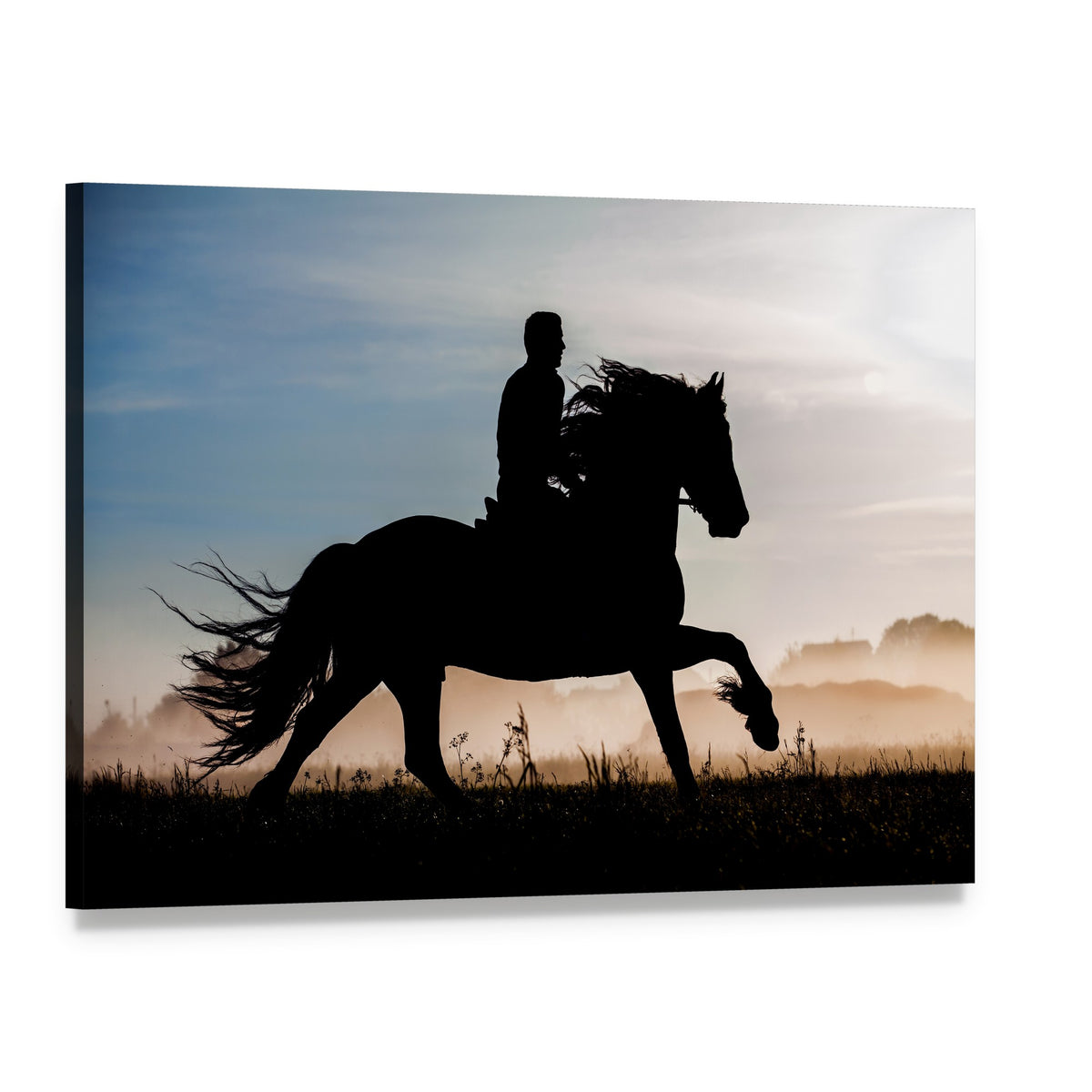 Silhouette of Horse and Rider in Sunset Canvas Wall Art, single panel gallery wrapped canvas, angled product view
