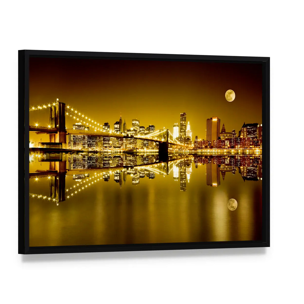 Moonlit Brooklyn Bridge and Lower Manhattan Canvas Wall Art, framed canvas in a black floater frame, angled product view