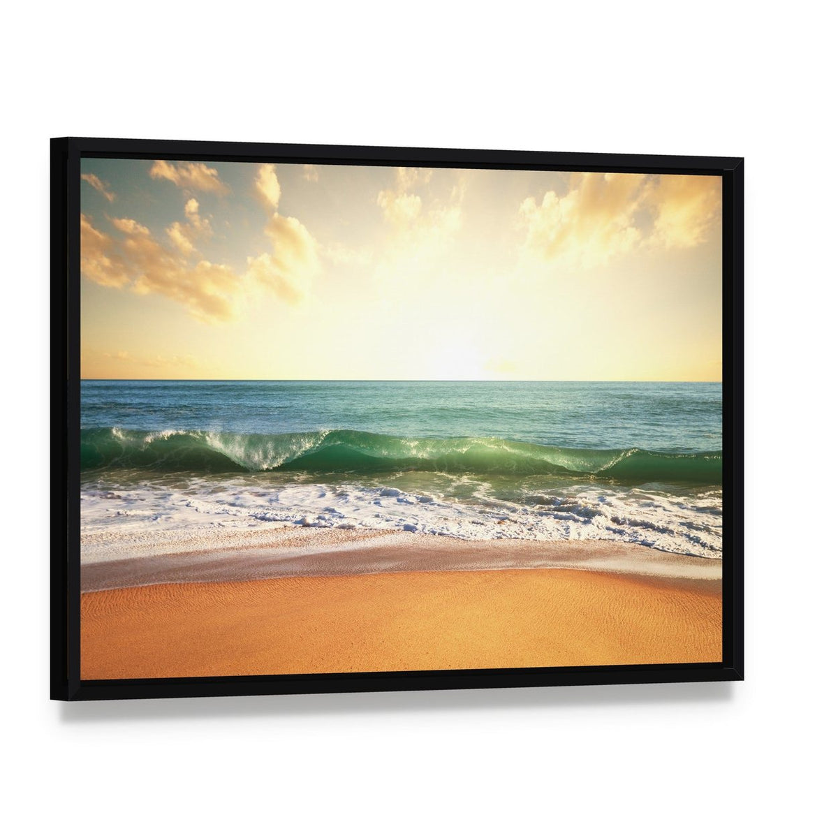 Beach with Smooth Ocean Canvas Wall Art, framed canvas in a black floater frame, angled product view