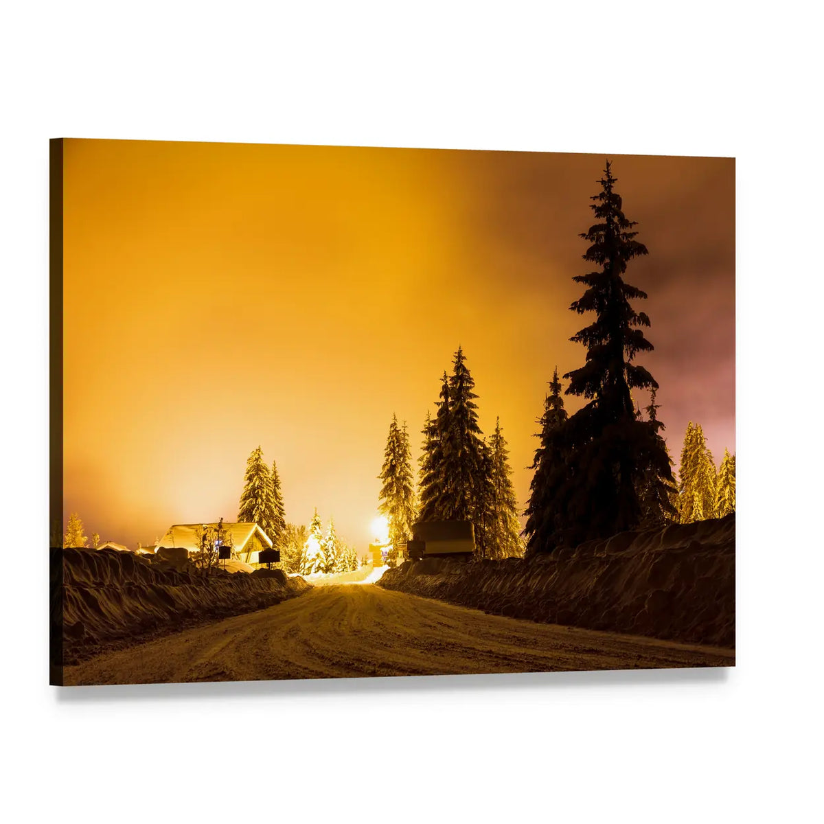 Snowy Road Beneath Glowing Streetlight Canvas Wall Art, single panel gallery wrapped canvas, angled product view
