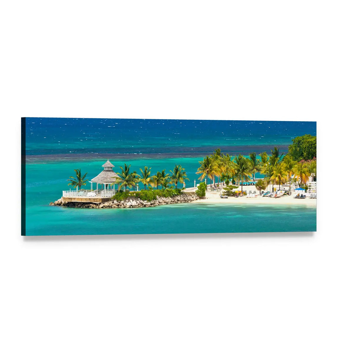 Tropical Beach with White Gazebo Panoramic Canvas Wall Art, single panel gallery wrapped canvas, angled product view
