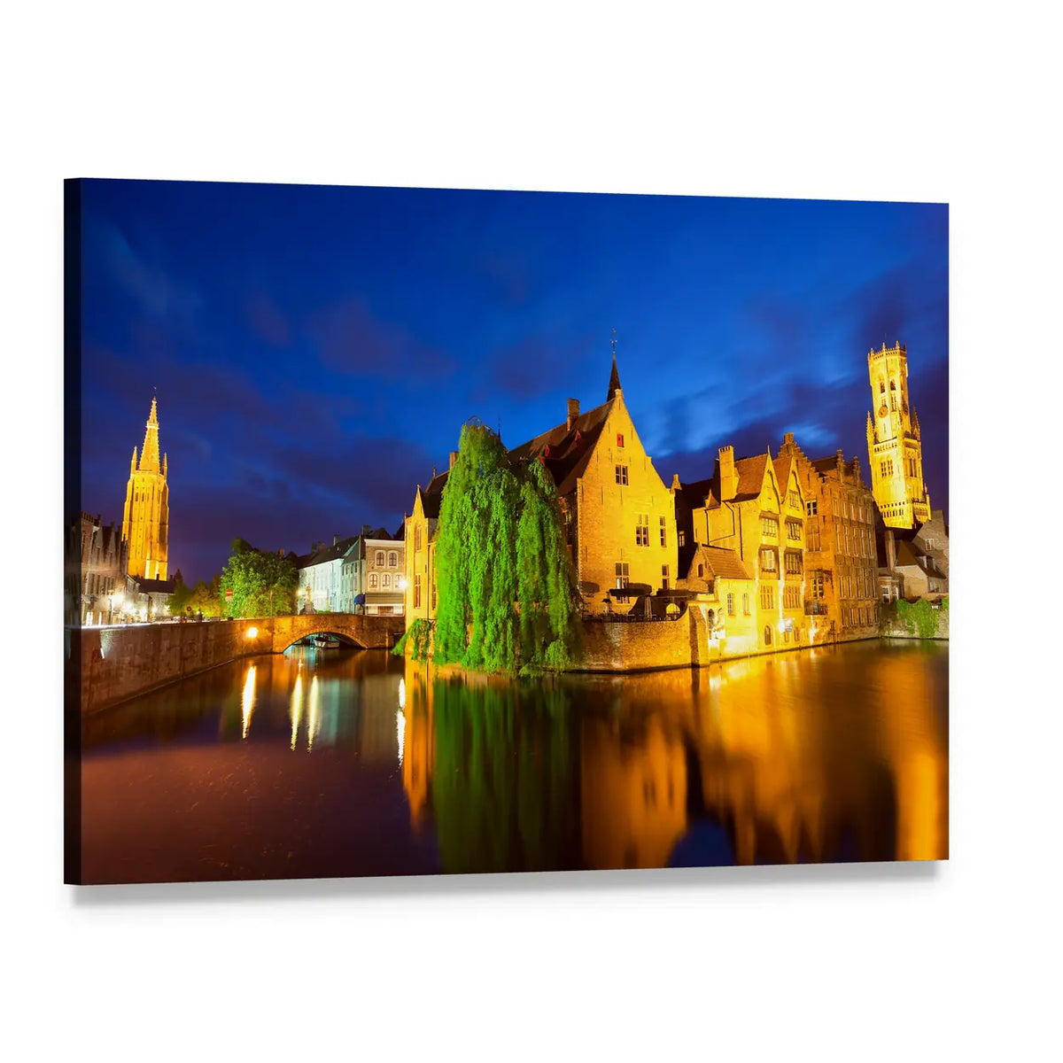 Bruges Canal Reflections at Night Canvas Wall Art, single panel gallery wrapped canvas, angled product view