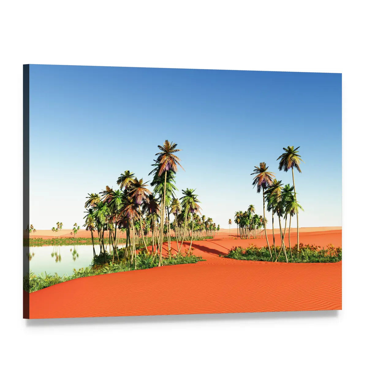 African Oasis with Palm Trees Canvas Wall Art, single panel gallery wrapped canvas, angled product view