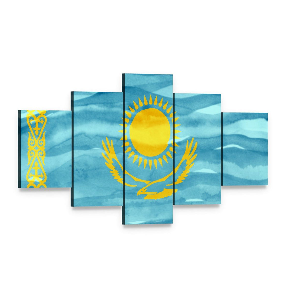 Kazakhstan Flag with Sun and Golden Eagle Canvas Wall Art, 5 panel 5 Star layout gallery wrapped canvas set, angled product view