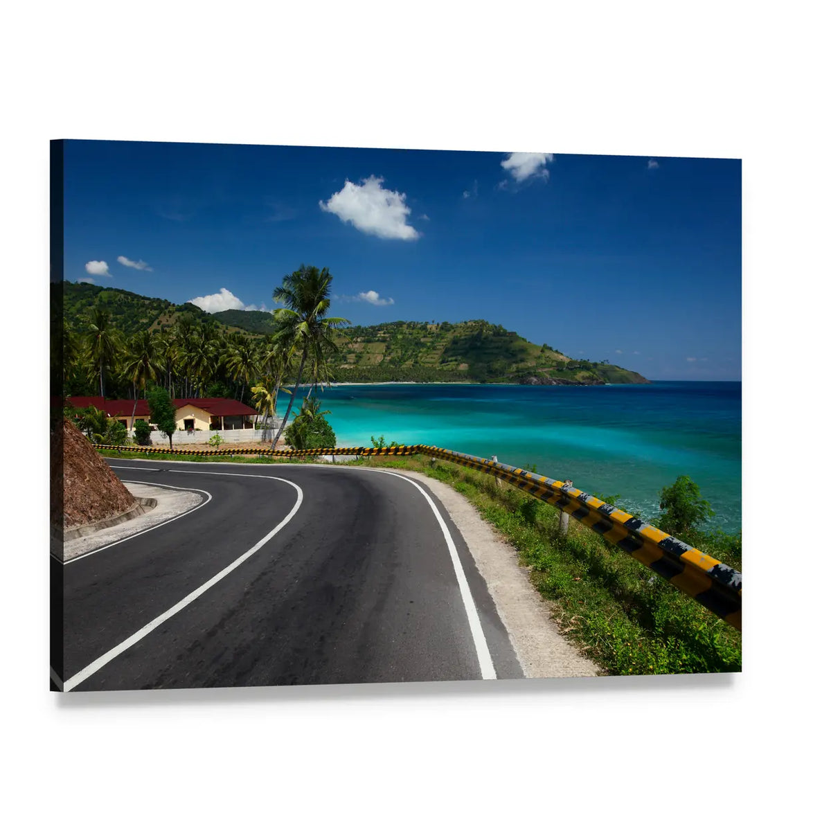 Tropical Coastal Road with Palm Trees Canvas Wall Art, single panel gallery wrapped canvas, angled product view