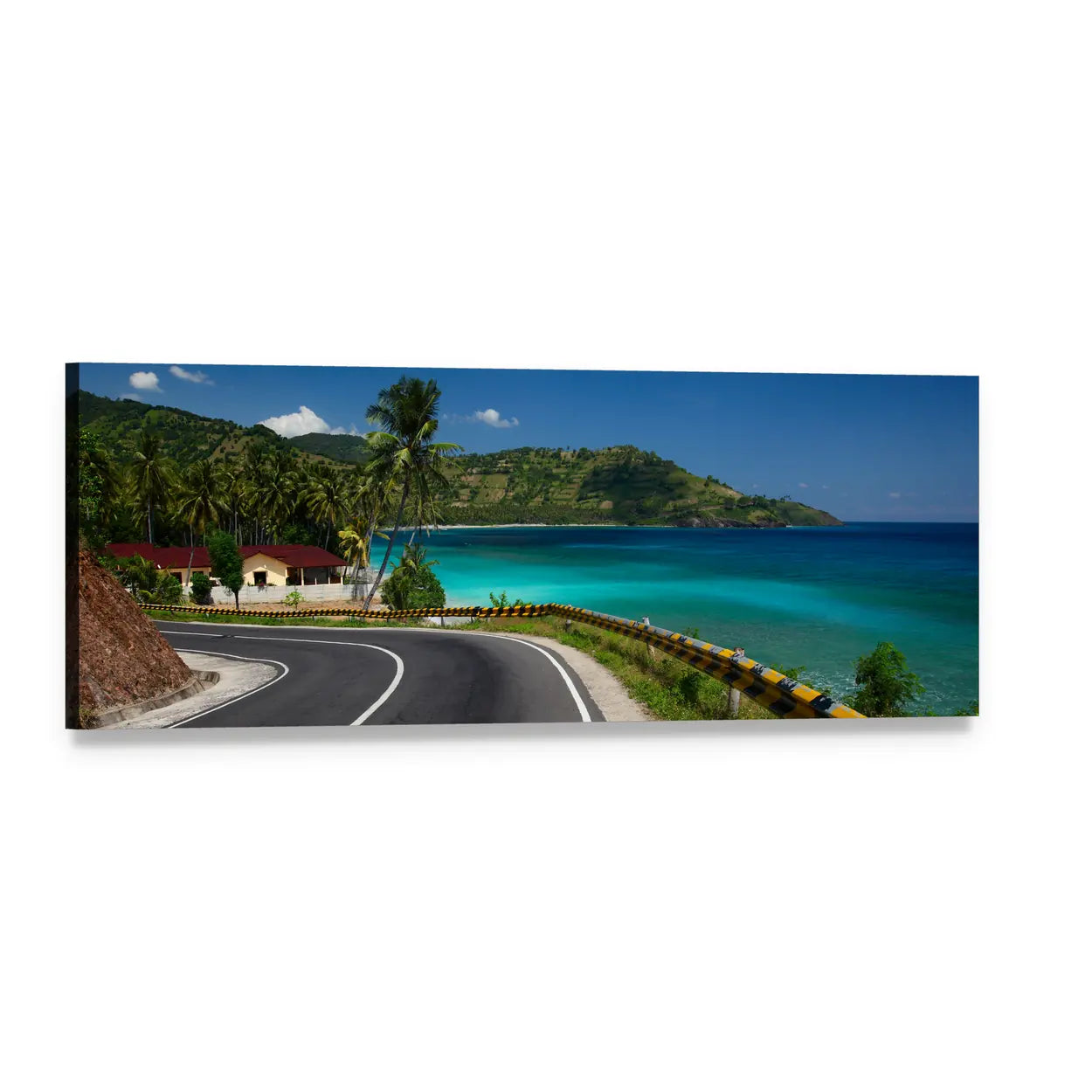 Winding Coastal Road by Turquoise Sea Panoramic Canvas Wall Art, single panel gallery wrapped canvas, angled product view