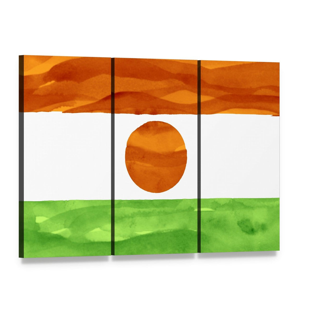 Watercolor Niger Flag Canvas Wall Art, 3 panel 3 Horizontal layout gallery wrapped canvas set, angled product view