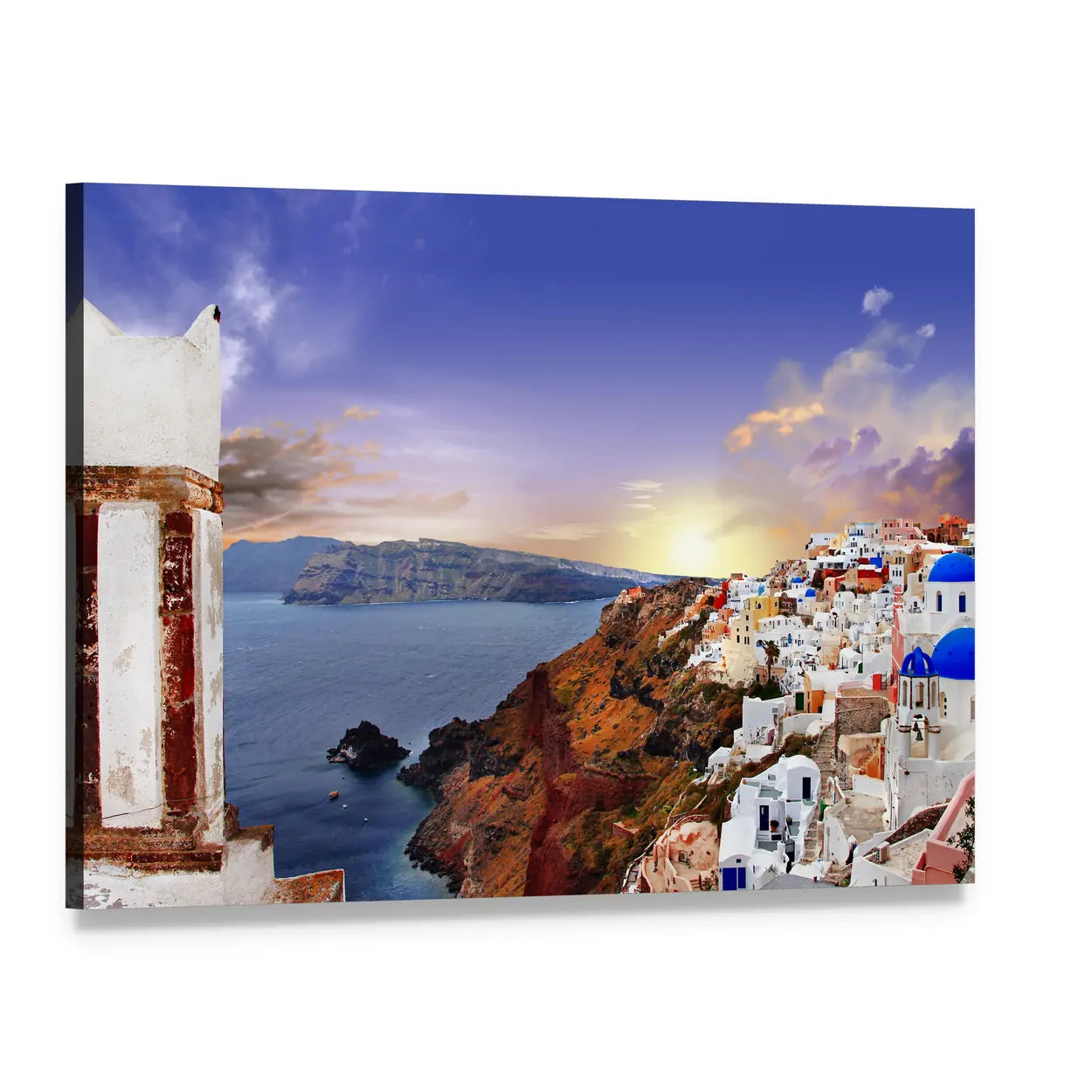 Santorini Sunset Over Oia Blue Domes Canvas Wall Art, single panel gallery wrapped canvas, angled product view