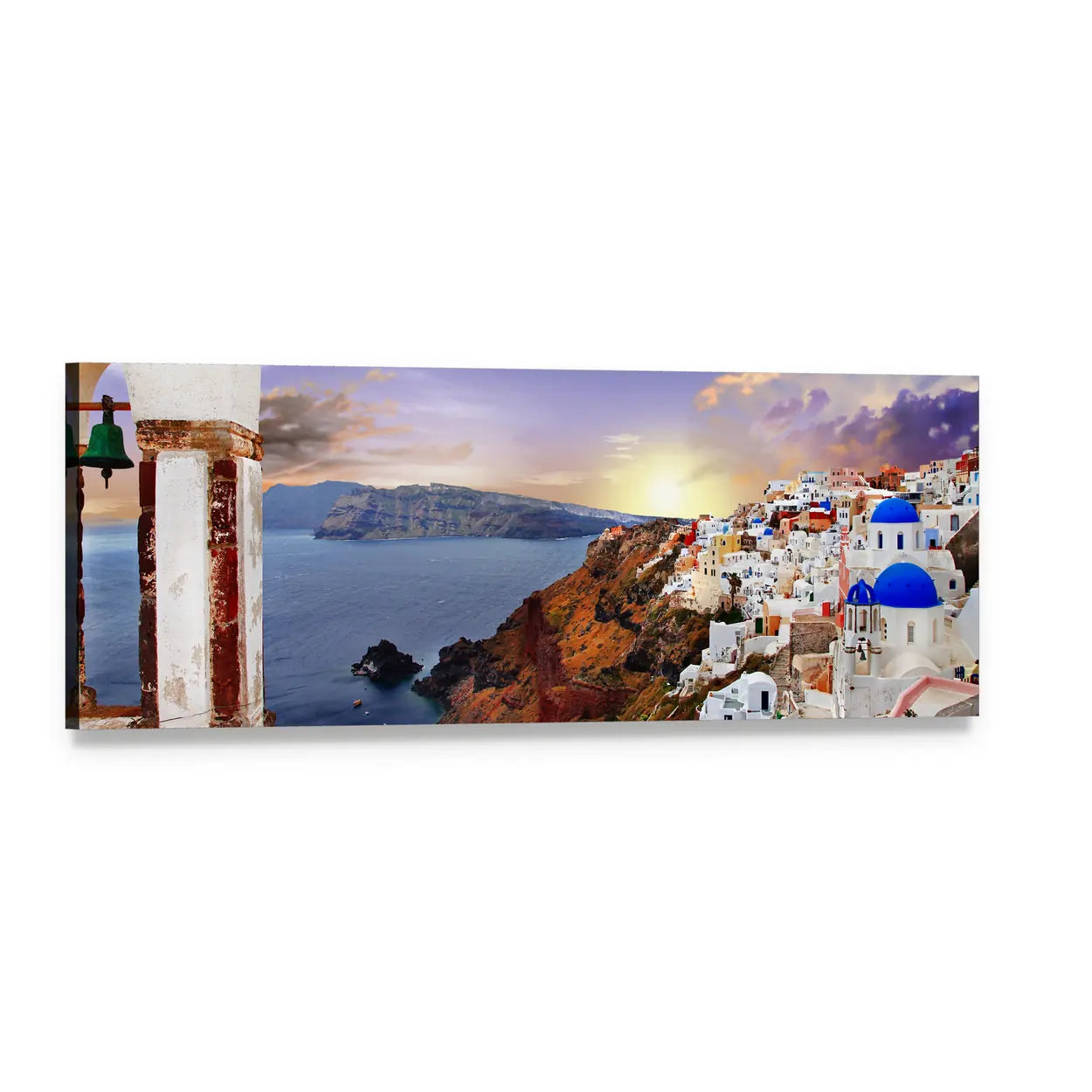 Santorini at Sunset Panoramic Canvas Wall Art, single panel gallery wrapped canvas, angled product view