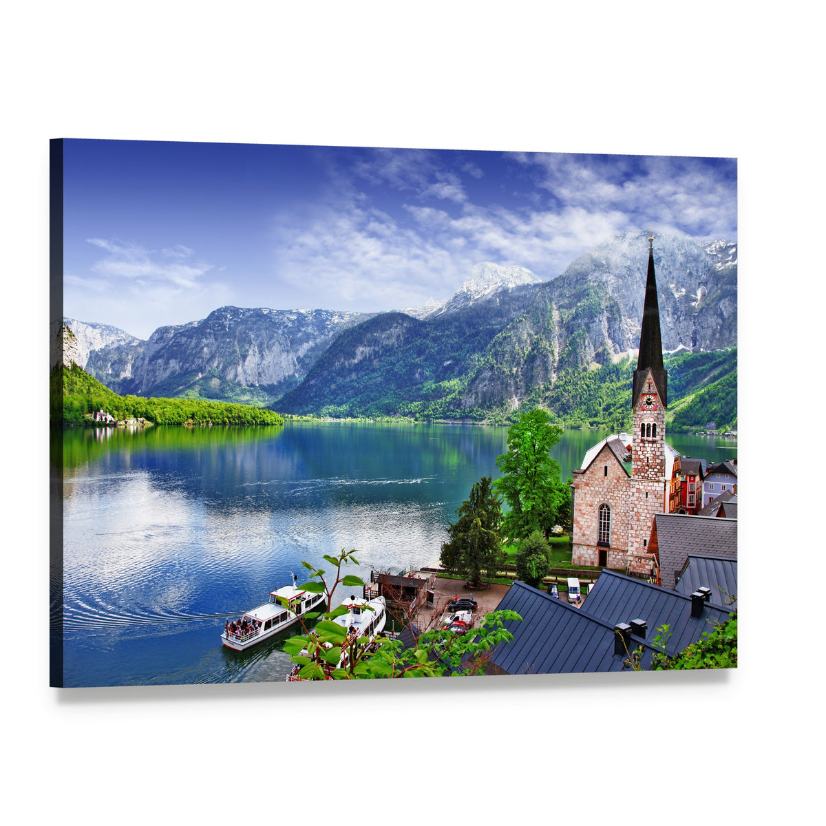 Serene Hallstatt Lake and Mountain View Canvas Wall Art, single panel gallery wrapped canvas, angled product view