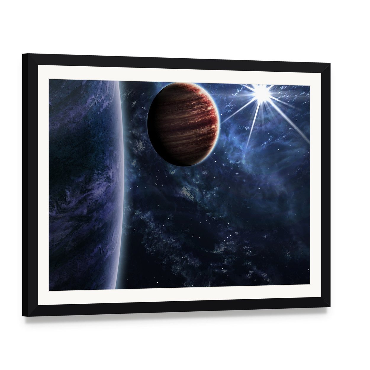 Big Planet Moon & Star Canvas Wall Art, framed print with white mat and black frame, angled product view