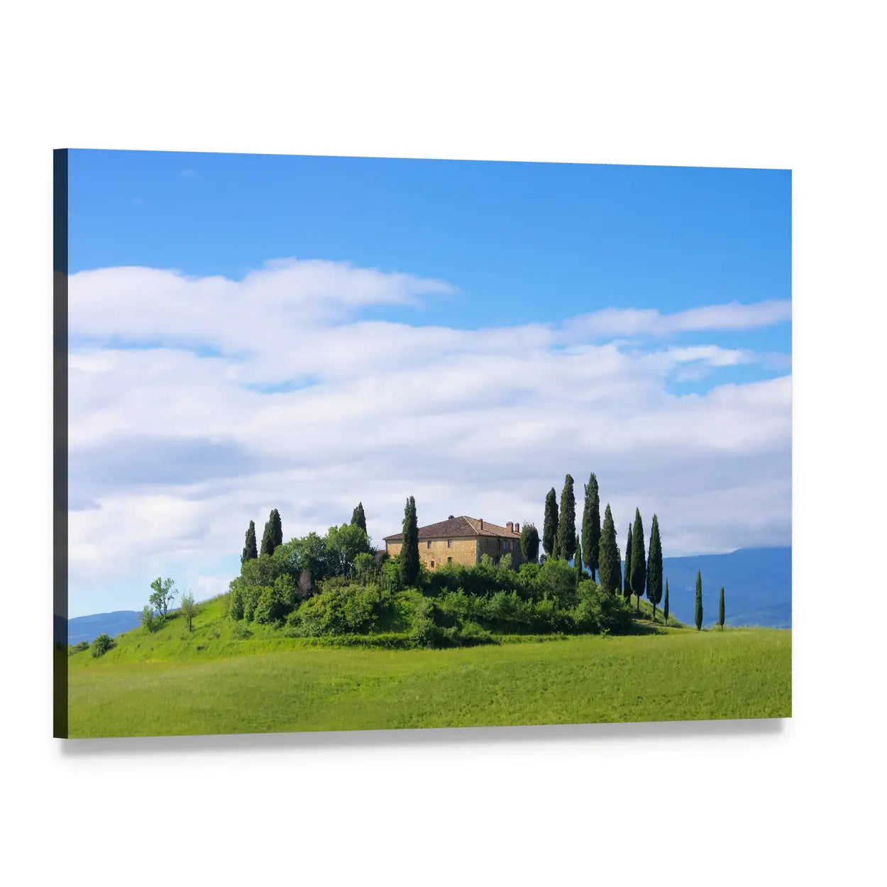 Tuscany Villa with Cypress Trees Canvas Wall Art, single panel gallery wrapped canvas, angled product view