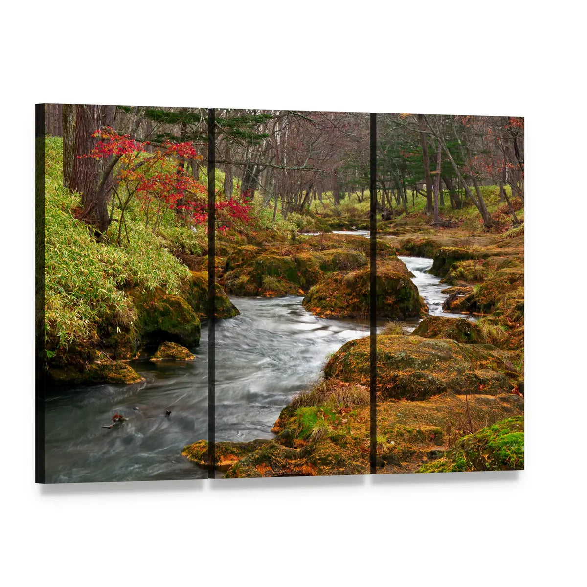 Misty Forest River with Moss-covered Rocks Canvas Wall Art, 3 panel 3 Horizontal layout gallery wrapped canvas set, angled product view