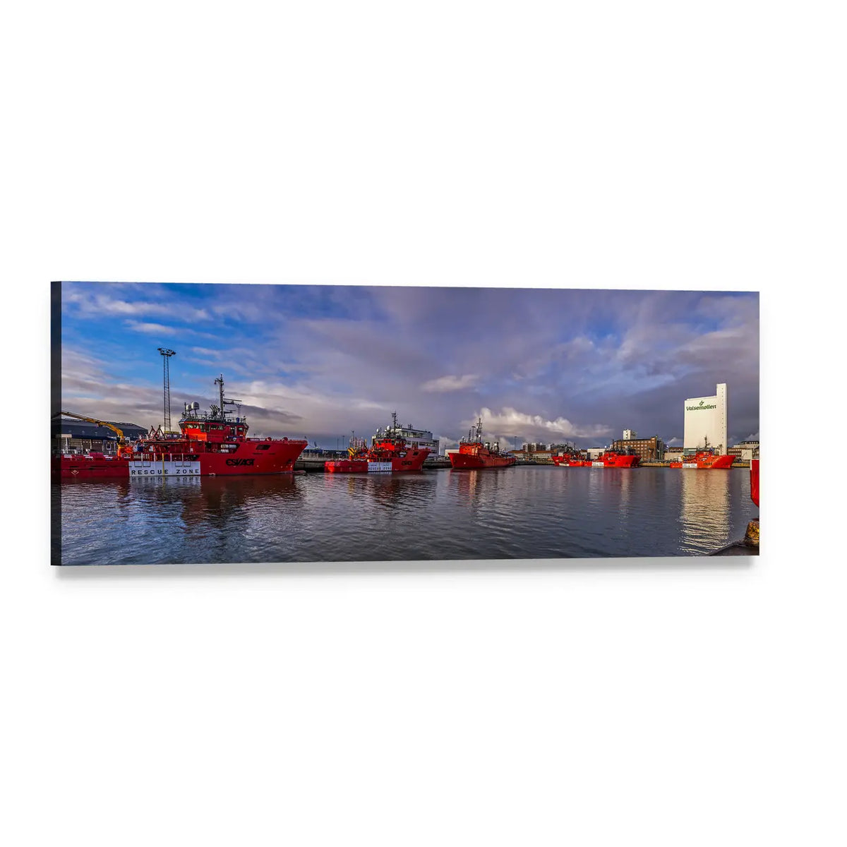 Esbjerg Harbor with Red Supply Vessels Panoramic Canvas Wall Art, single panel gallery wrapped canvas, angled product view