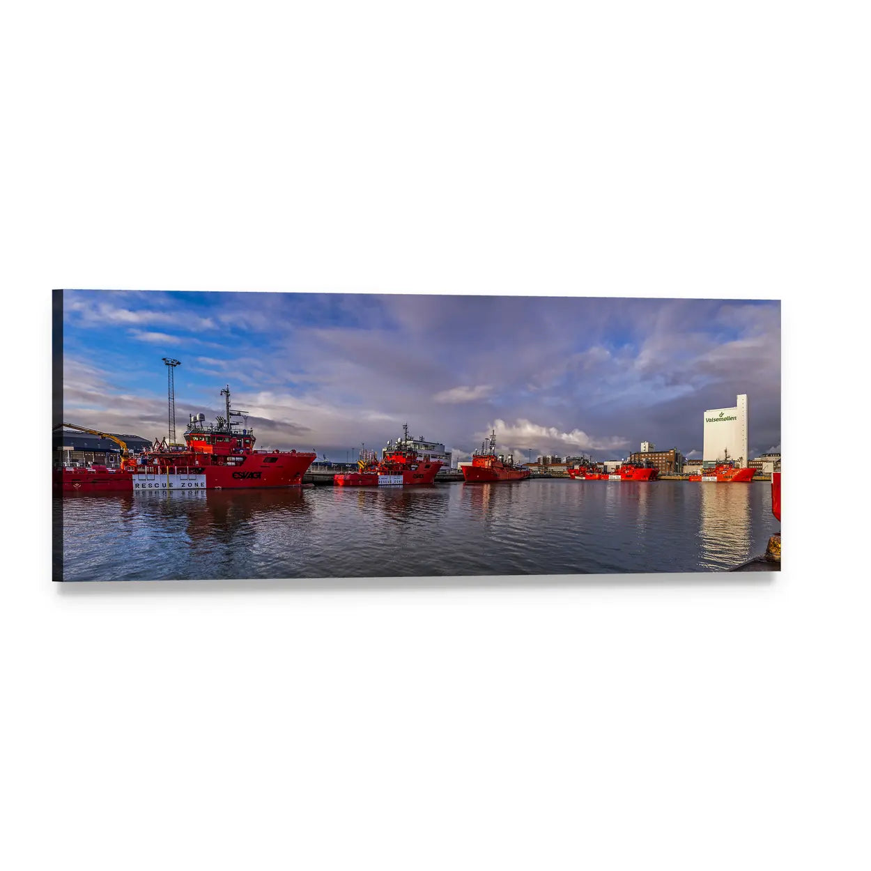 Esbjerg Harbor with Red Supply Vessels Panoramic Canvas Wall Art, single panel gallery wrapped canvas, angled product view