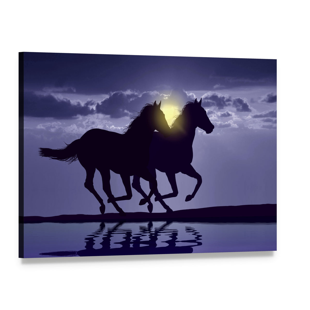 Two Galloping Horses with Water Reflection Canvas Wall Art, single panel gallery wrapped canvas, angled product view