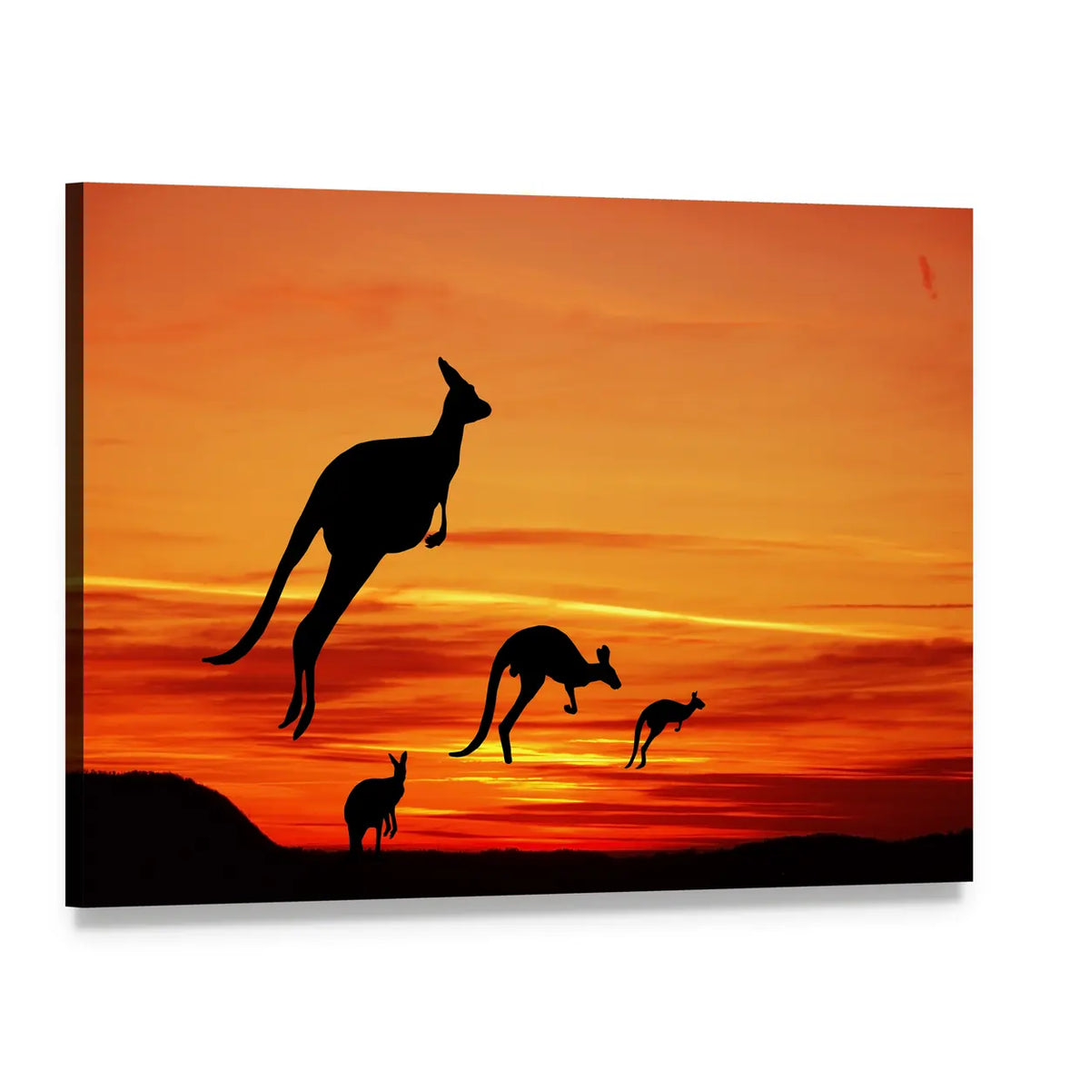Kangaroo Silhouettes at Sunset Canvas Wall Art, single panel gallery wrapped canvas, angled product view